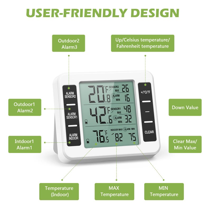 KeeKit Refrigerator Thermometer, Indoor Outdoor Thermometer with 2 Sensors, Wireless Digital Freezer Thermometer with Audible Alarm Temperature Gauge, Min/Max Record for Home, Kitchen â€“ White - Image 4